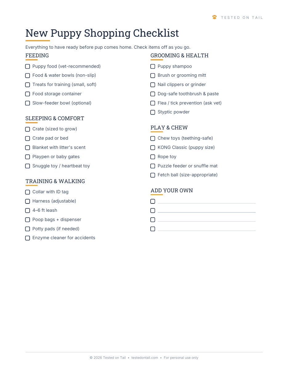 New Puppy Shopping Checklist — printable page preview