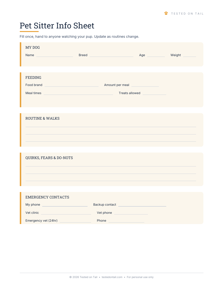 Pet Sitter Info Sheet — printable page preview